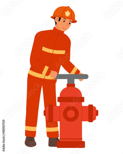 Fire hydrant with water for extinguishing fires. Special rescue service. Firefighter in overalls turns valve of water pump.