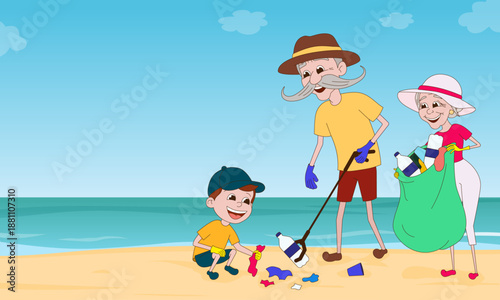 Multigenerational Family Cleaning Beach From Plastic