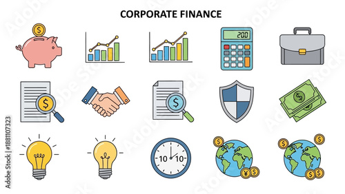 Corporate finance icons representing financial concepts and business elements in a digital illustration