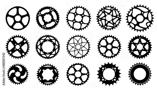 Collection of various mechanical gears and cogs in different shapes and sizes, showcasing intricate designs and patterns, Industrial elements, Engineering components, 