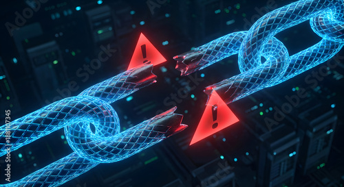 broken glowing blue digital chain with red warning alert icons representing a cybersecurity breach data link failure network vulnerability and system error in a server room
