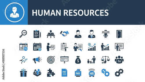 Collection of human resources icons and graphics representing various HR functions and tasks in a modern workplace setting from a straightforward viewpoint