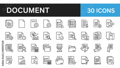 Collection of document icons showcasing various file types and actions in a grid layout