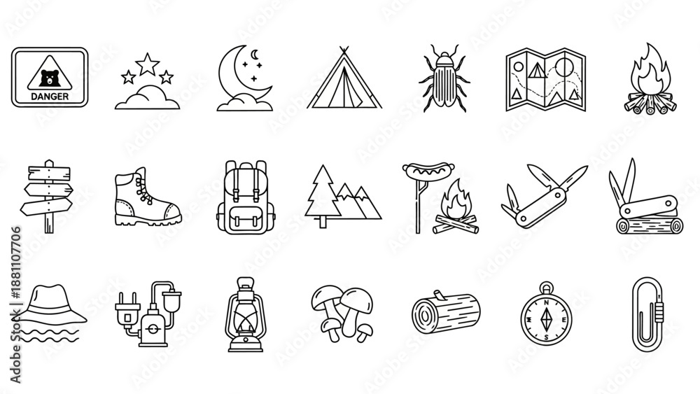 Fototapeta premium Collection of camping icons representing various outdoor activities and elements