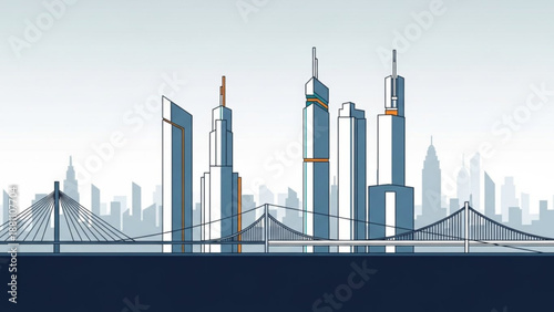 City skyline with modern skyscrapers and bridge in the background at dusk or dawn hours with clear sky