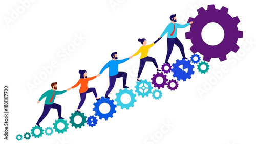 Teamwork and collaboration depicted through people pulling giant gear, symbolizing unity and progress