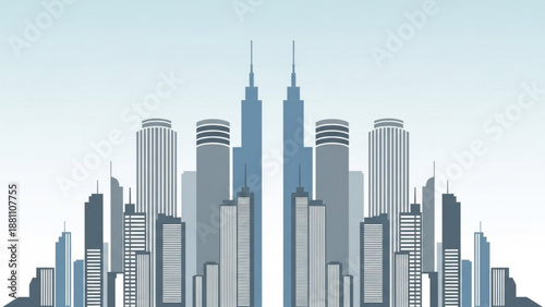 A stylized illustration of a city skyline with tall buildings and skyscrapers against a gradient blue sky