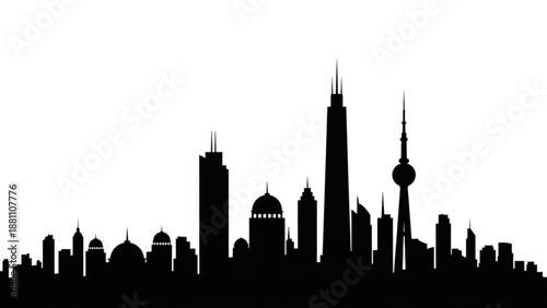 Black silhouette of a city skyline with tall buildings