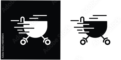 This silhouette icon illustrates a shopping cart in motion, enhanced with dynamic speed lines to clearly represent fast shopping, instant checkout, or flash sale activity