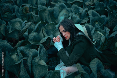 Billede på lærred Woman sits among dark green cabbage leaves, holding hands together and looking d
