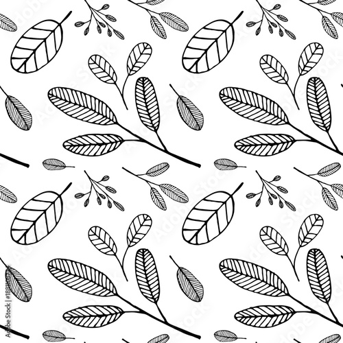 Image showcases seamless pattern of black and white plant elements. Leaves background for wallpaper, scrapbooking
