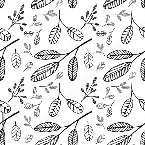 Detailed black and white drawing of plant elements with distinct shapes and vein patterns. Leaves and twigs background.