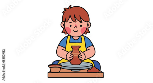 A cheerful young boy sits at a pottery wheel, shaping a clay vase with a focused expression, wearing a yellow apron and blue shirt on a clean white