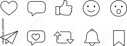 Social media interaction icons set. Like, comment, share, notification and user engagement outline symbols