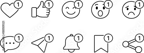 Social media interaction icons set. Like, comment, share, notification and user engagement outline symbols