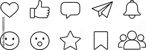 Social media interaction icons set. Like, comment, share, notification and user engagement outline symbols
