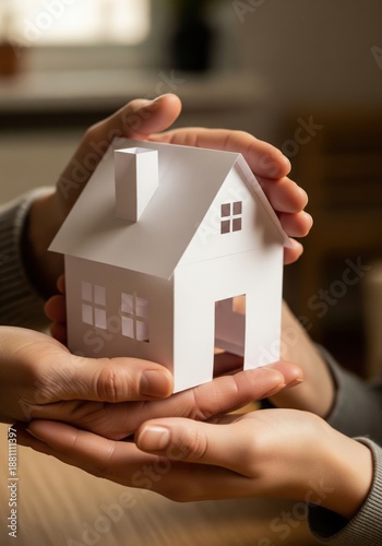 Hands holding paper house for family real estate insurance and home protection mockup on white background