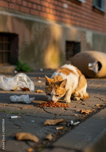 Homeless cat sitting and eating food for stray animal welfare and social charity mockup on white background