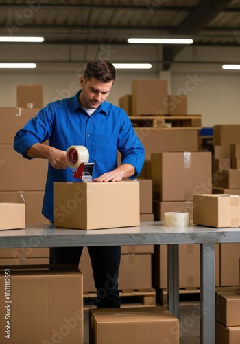 Man sealing cardboard shipping box with tape for delivery and logistics business service on white background