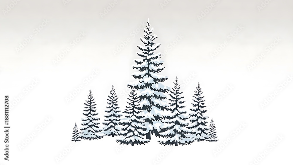 Fototapeta premium Group of snow covered evergreen trees standing together in winter landscape with soft white background and gentle shading