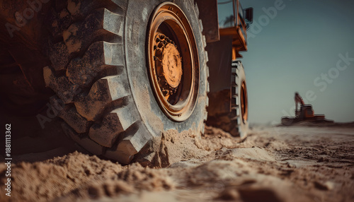 A construction truck stalled in the sand. Center differential lock, background, industry. Wheel grip