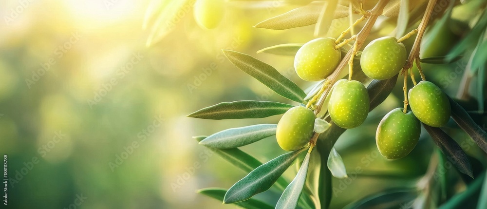Obraz premium Beautiful Sunlit Olive Branch Featuring Ripe Green Olives Set in a Vibrant and Picturesque Orchard Scene