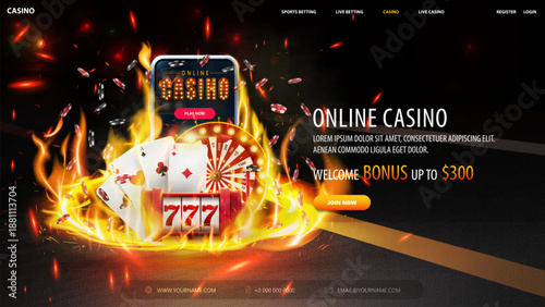 A website for online casino with a flashy, colorful design. The website features a spinning roulette wheel, smartphone, slot machine and a stack of cards