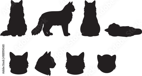 Luxurious Long-Haired Cat Silhouette Vector Collection: Detailed Black Feline Poses (Standing, Sitting, Resting) and Head Profile Icons for Logo, Decal, and Graphic Design.
