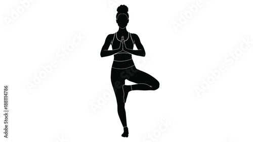 Silhouette of a woman performing a yoga tree pose against a stark white background