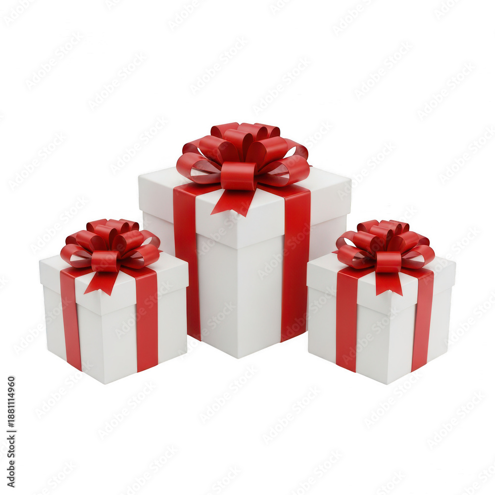 Obraz premium Three elegant gift boxes with red bows isolated on transparent background