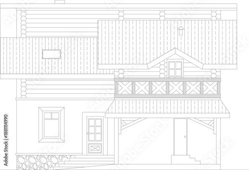 Rear elevation vector of a modern log cabin. Features detailed timber siding, gabled roofline, and stone foundation base. Professional line art.