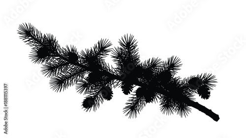 A detailed black silhouette of a pine branch with needles and a pinecone