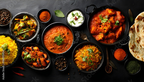 Assorted indian food on black background