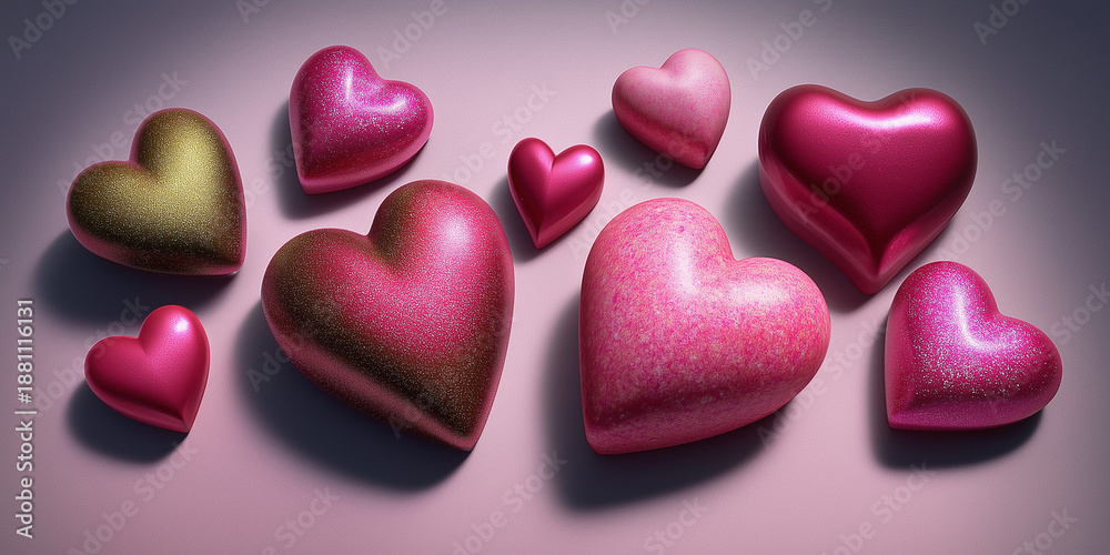 Obraz premium Colorful heart shapes in various sizes on a pink background 