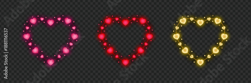 Set of Glowing Neon Heart Frames in Pink Red and Gold with Sparkling Light Particles