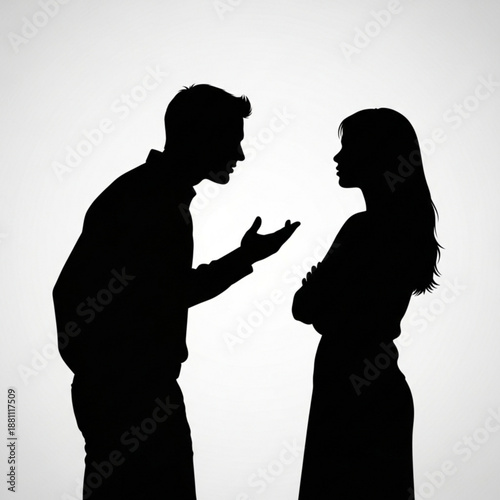 Silhouette of a man and woman arguing in a dramatic stance with gesturing hands