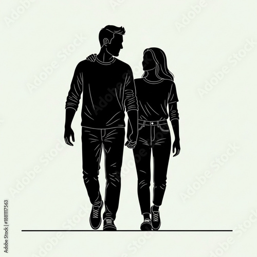 Black silhouette of a man and woman walking together in a simple illustration style on a light background