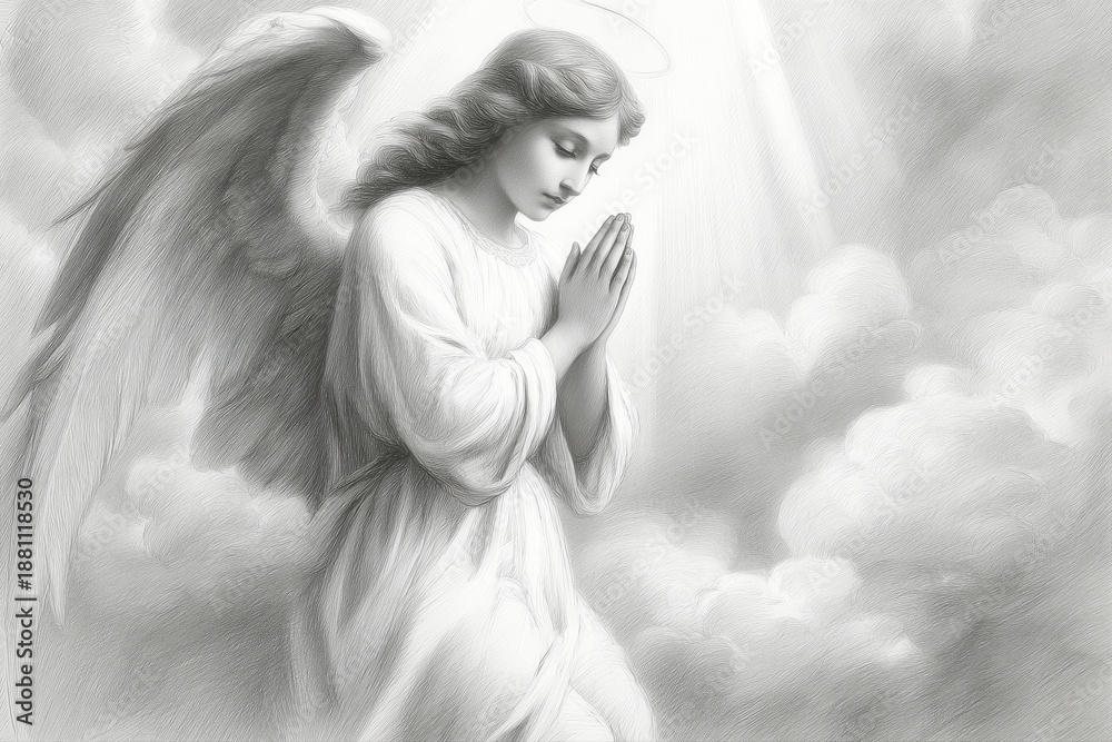 Fototapeta premium Woman Angel with Wings in Clouds Graphic in Black and White