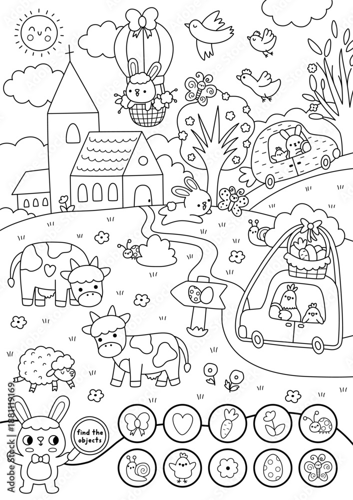 Obraz premium Vector searching black and white game with Easter village landscape. Spot hidden objects. Seek and find line printable activity for kids. Spring holiday coloring page with bunny, hen, church