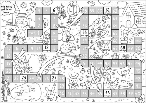 Easter village black and white board game with rural country scene, bunny going home with egg basket. Line boardgame with church, animals, chicks. Spring holiday printable activity, coloring page