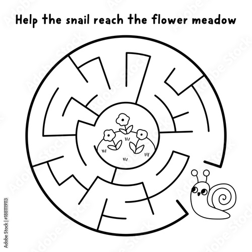 Easter village black and white round geometrical maze with snail going to flower meadow. Simple square line labyrinth game with mollusk. Spring holiday printable activity, coloring page