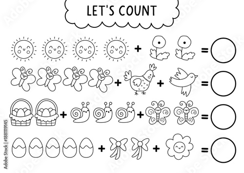 Vector black and white math game. How many Easter symbols. Spring holiday line addition activity for kids. Printable counting worksheet, coloring page with chocolate egg, flower, hen, basket