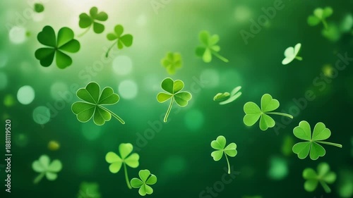 Festive saint patrick's day concept with falling shamrock leaves. Lucky three and four leaf clovers floating in the air with a magical green bokeh light effect