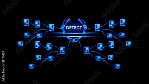 Schilderij op canvas Blue neon network diagram with detect center and connected nodes