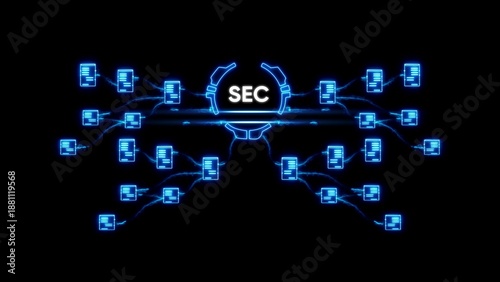 Blue neon network diagram with S E C and connected documents