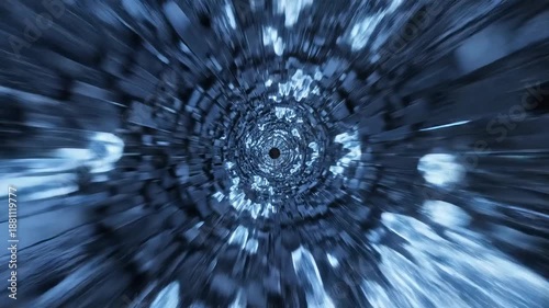 Abstract Blue Light Tunnel with Geometric Shapes and Motion Blur.