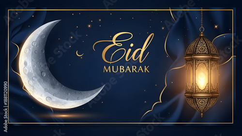 Eid mubarak greeting with crescent moon and lantern