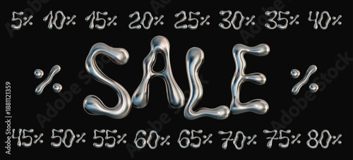 3d sale tags chrome sale and numbers and percentage. Vector 3d metal silver discount promotion badges signs