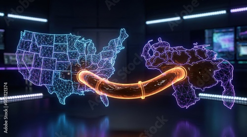 A glowing orange pipeline connects the digital wireframe maps of the united states and a foreign nation in a dark, high-tech environment symbolizing global energy trade.