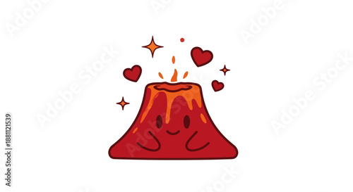Cartoon volcano with erupting lava and hearts on white background